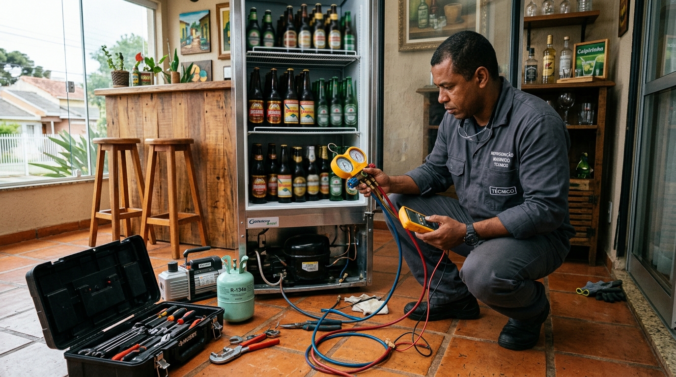 Técnico realizando manutenção de motor de cervejeira no Do Quadro, Vitória‑ES