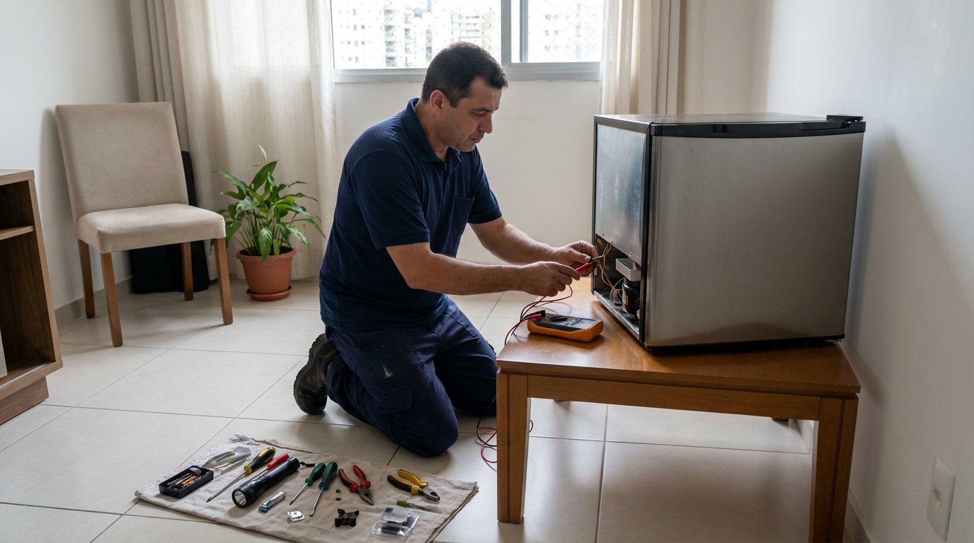 Técnico realizando manutenção de motor de frigobar no Bonfim, Vitória‑ES