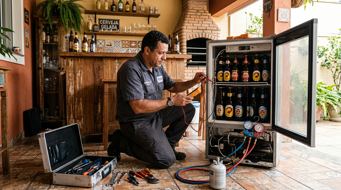 Recarga de gás refrigerante em cervejeira em atendimento no Do Quadro, Vitória‑ES