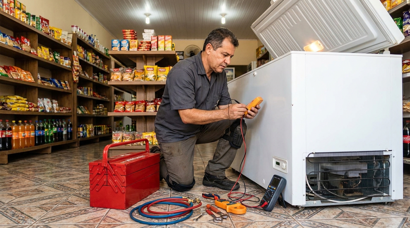 Recarga de gás refrigerante em freezer em atendimento no Santo André, Vitória‑ES