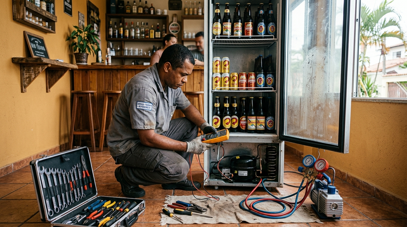 Troca de termostato de cervejeira em atendimento técnico no Do Quadro, Vitória‑ES