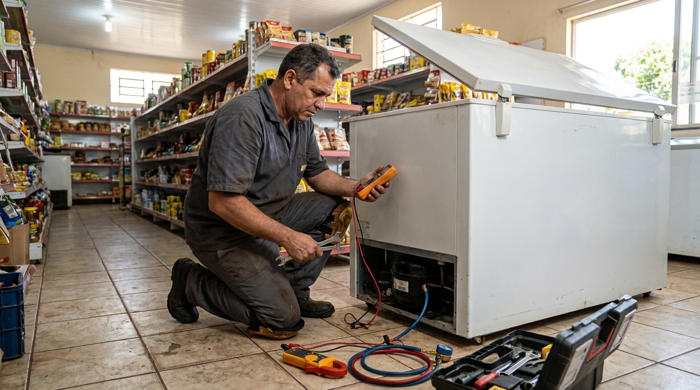 Troca de termostato de freezer em atendimento técnico no Santo André, Vitória‑ES